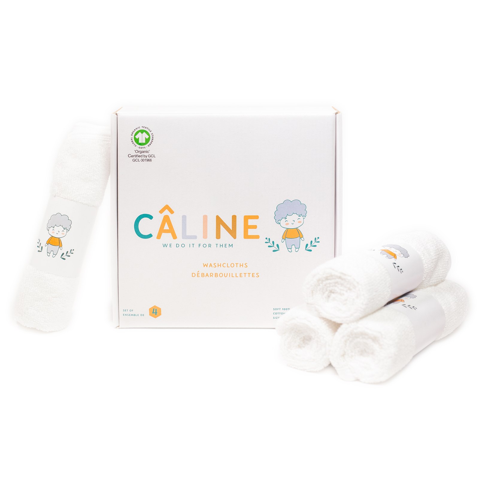CÂLINE giftable box beside four rolled organic cotton washcloths